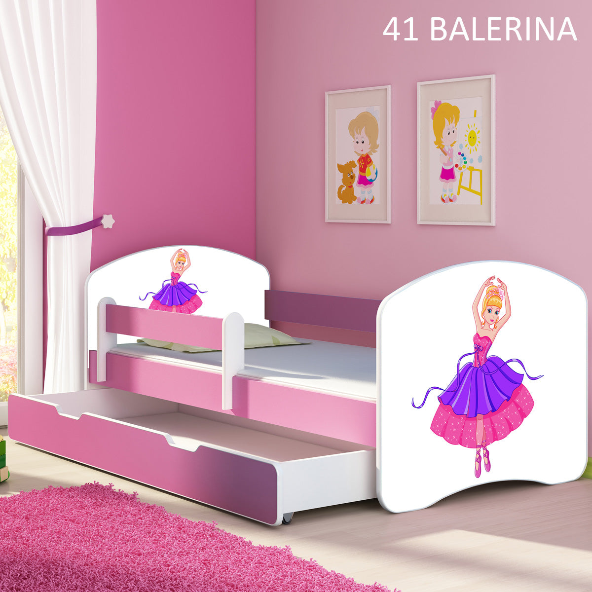 Dječji krevet ACMA s motivom, bočna roza + ladica 140x70 cm 41 Balerina