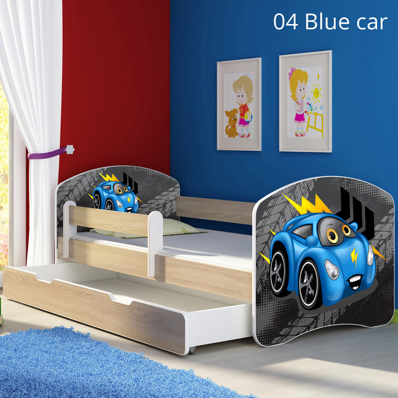 Dječji krevet ACMA s motivom, bočna sonoma + ladica 160x80 cm 04 Blue Car