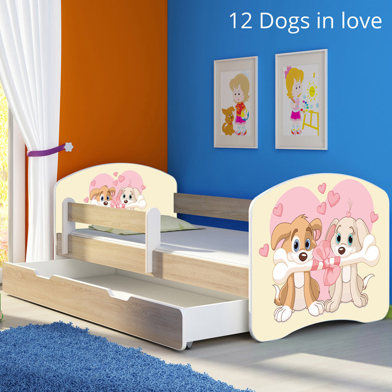 Dječji krevet ACMA s motivom, bočna sonoma + ladica 180x80 cm 12 Dogs in Love