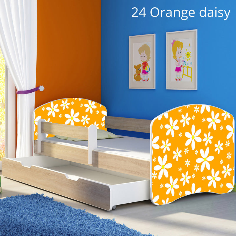 Dječji krevet ACMA s motivom, bočna sonoma + ladica 160x80 cm 24 Orange Daisy