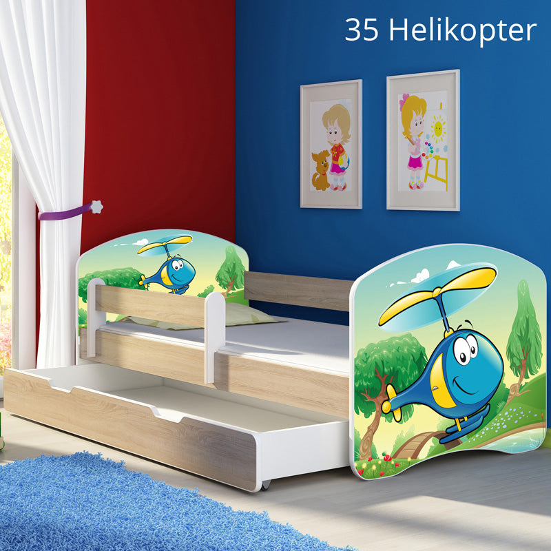 Dječji krevet ACMA s motivom, bočna sonoma + ladica 140x70 cm 35 Helikopter