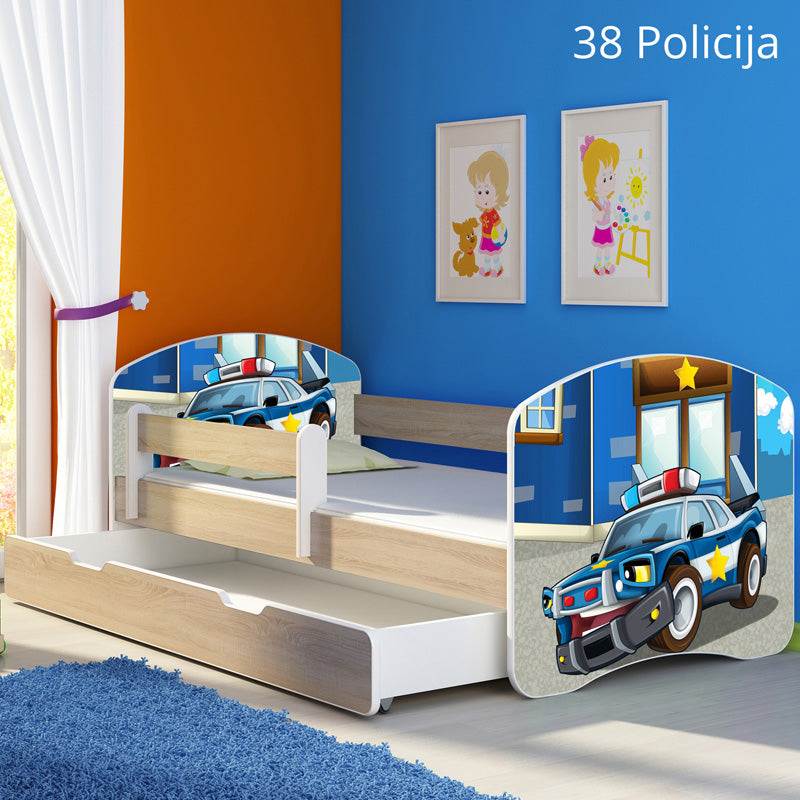 Dječji krevet ACMA s motivom, bočna sonoma + ladica 180x80 cm 38 Policija