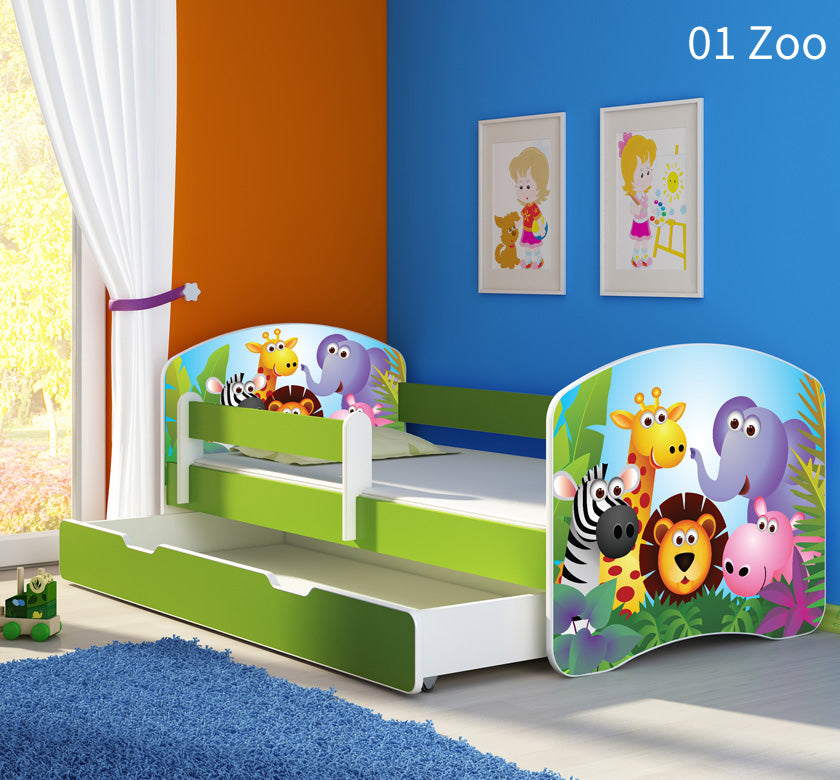 Dječji krevet ACMA s motivom, bočna zelena + ladica 160x80 cm