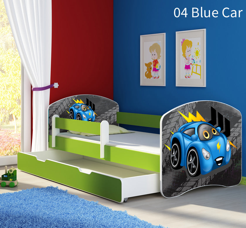 Dječji krevet ACMA s motivom, bočna zelena + ladica 140x70 cm 04 Blue Car