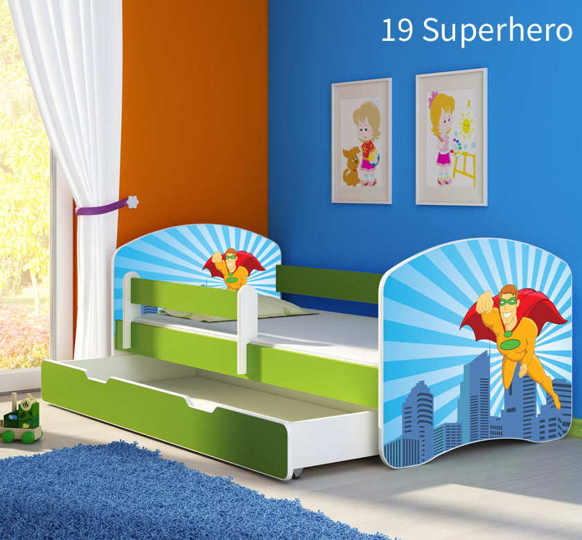 Dječji krevet ACMA s motivom, bočna zelena + ladica 160x80 cm 19 Superhero