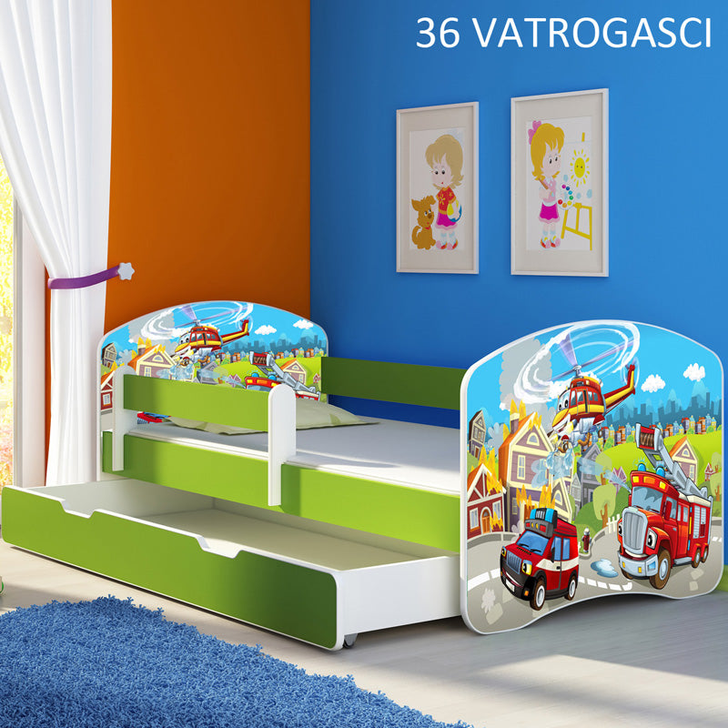 Dječji krevet ACMA s motivom, bočna zelena + ladica 140x70 cm 36 Vatrogasci