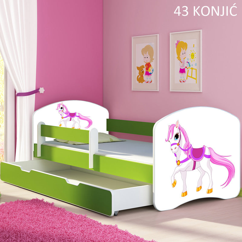 Dječji krevet ACMA s motivom, bočna zelena + ladica 140x70 cm 43 Konjić