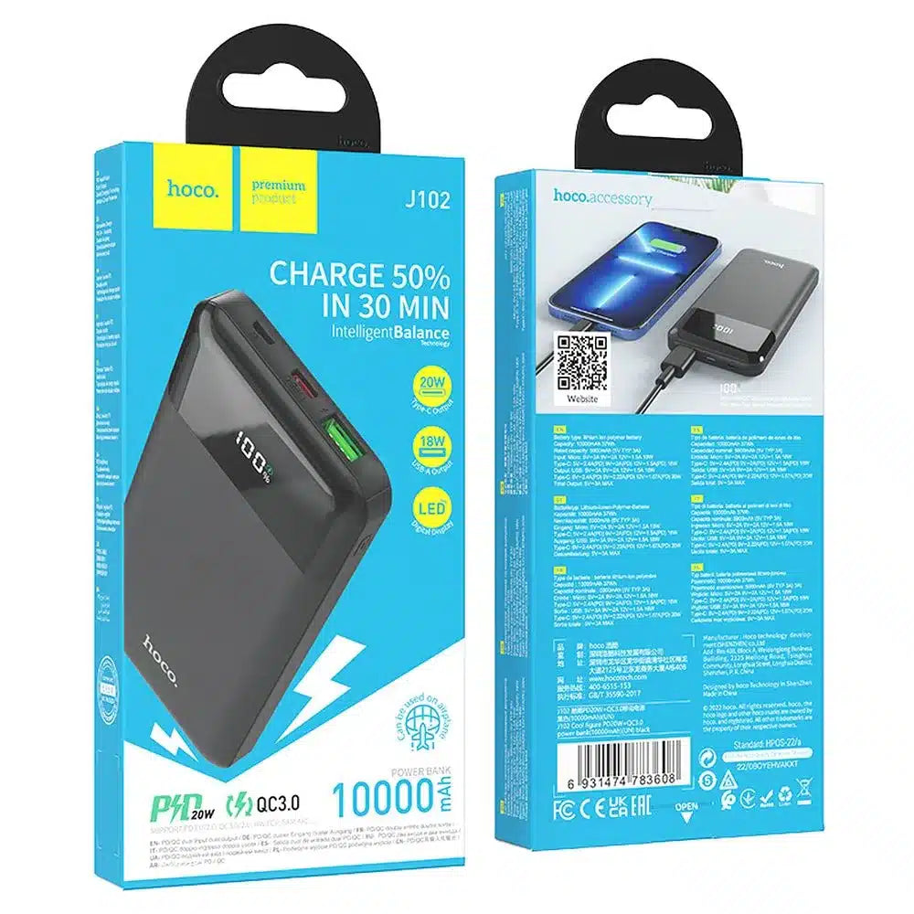 HOCO power bank 10000mAh PD QC3.0 3A 20W J102 crni