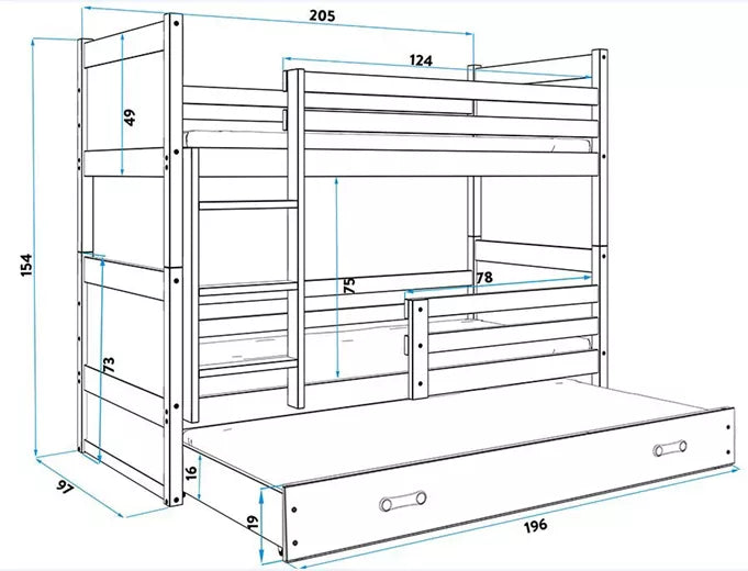 Krevet BMS Rico na kat za 3 osobe 200x90 cm, PINE bijela