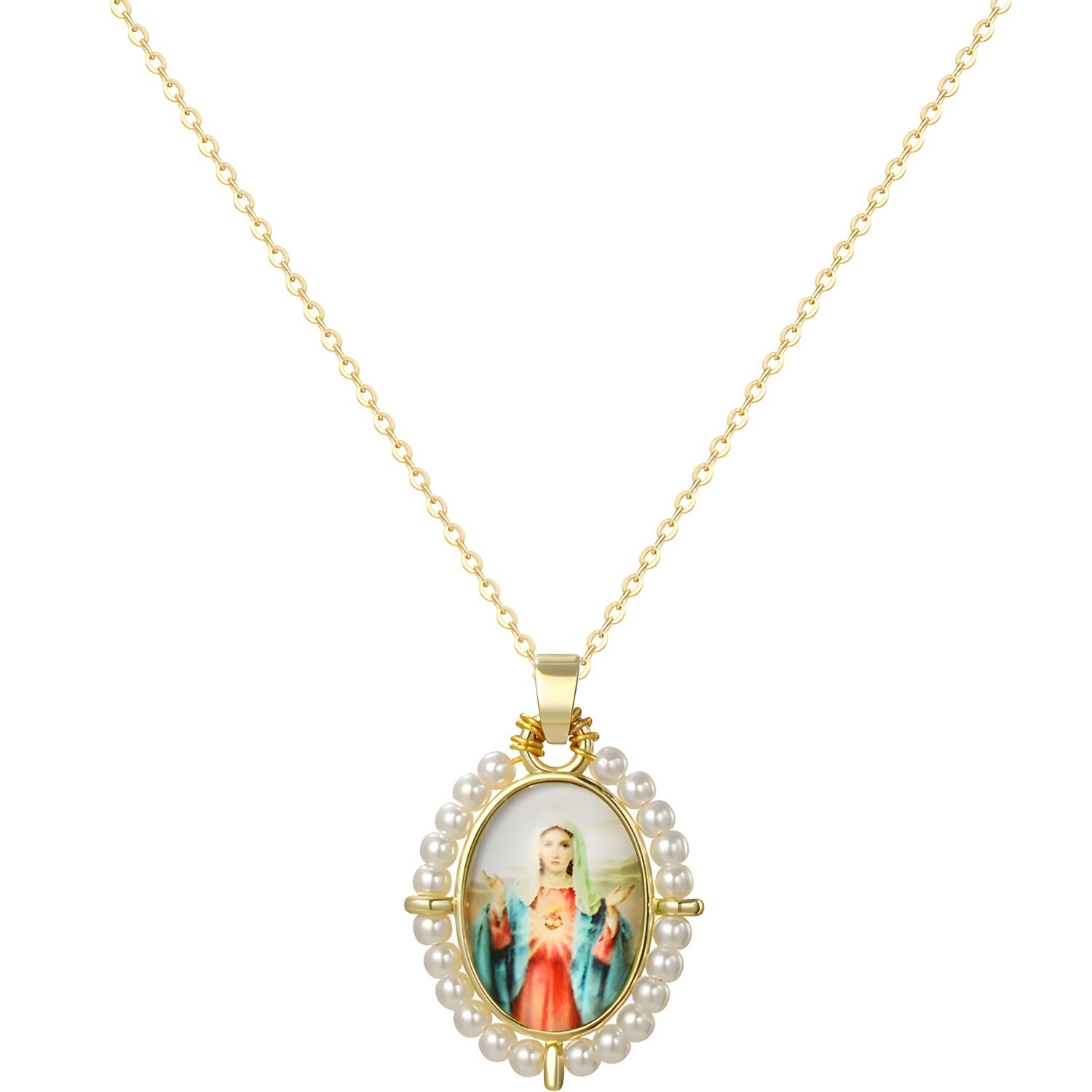Ogrlica Medaljon Djevica Marija PM-41176 - Zlatna / Bijela / Tip1 KP41176