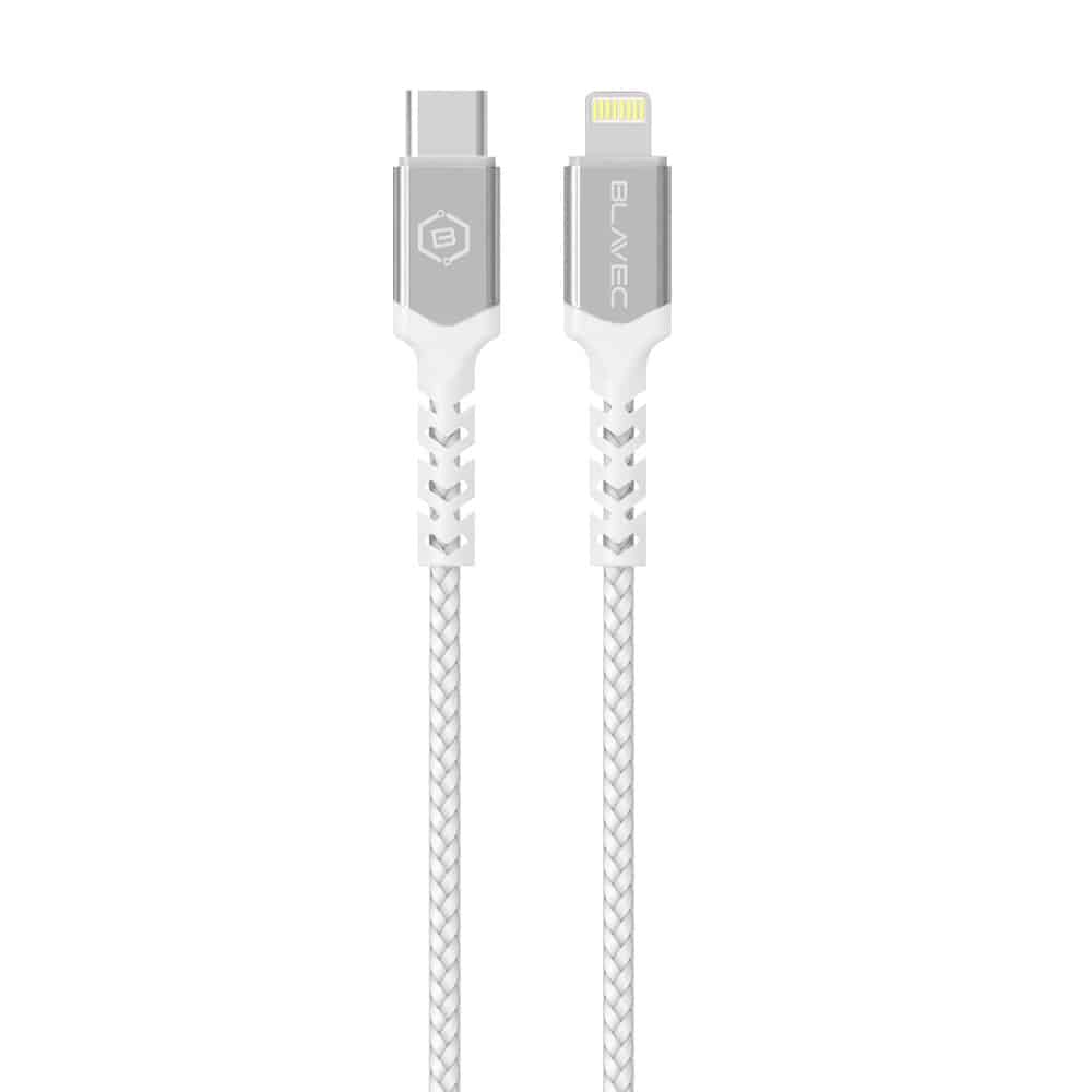 BLAVEC RAPTOR OPLETENI KABEL – TYPE- C NA LIGHTNING – PD 20W 2.4A 0.50 m bijelo-srebrni
