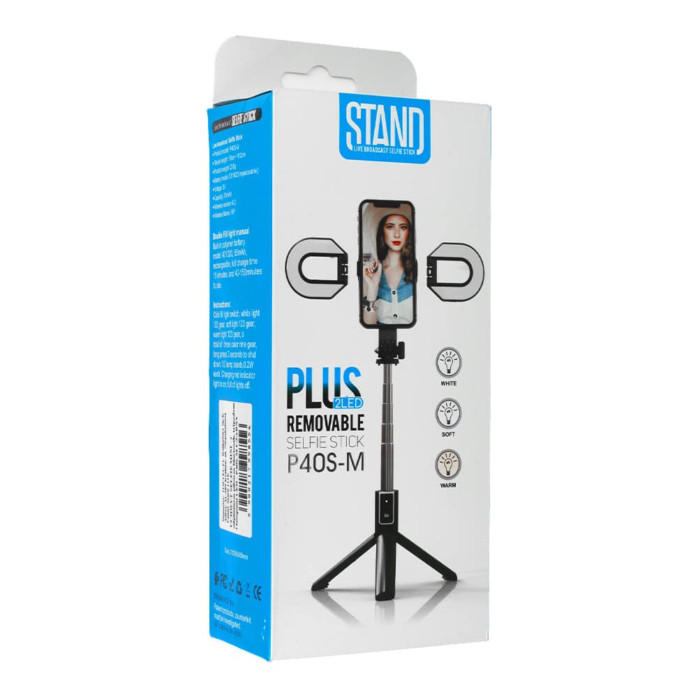 SELFIE STICK MINI - S ODVOJIVIM BLUETOOTH DALJINSKIM UPRAVLJAČEM STATIVOM I 2 LED SVJETLA - P40S-M CRNI