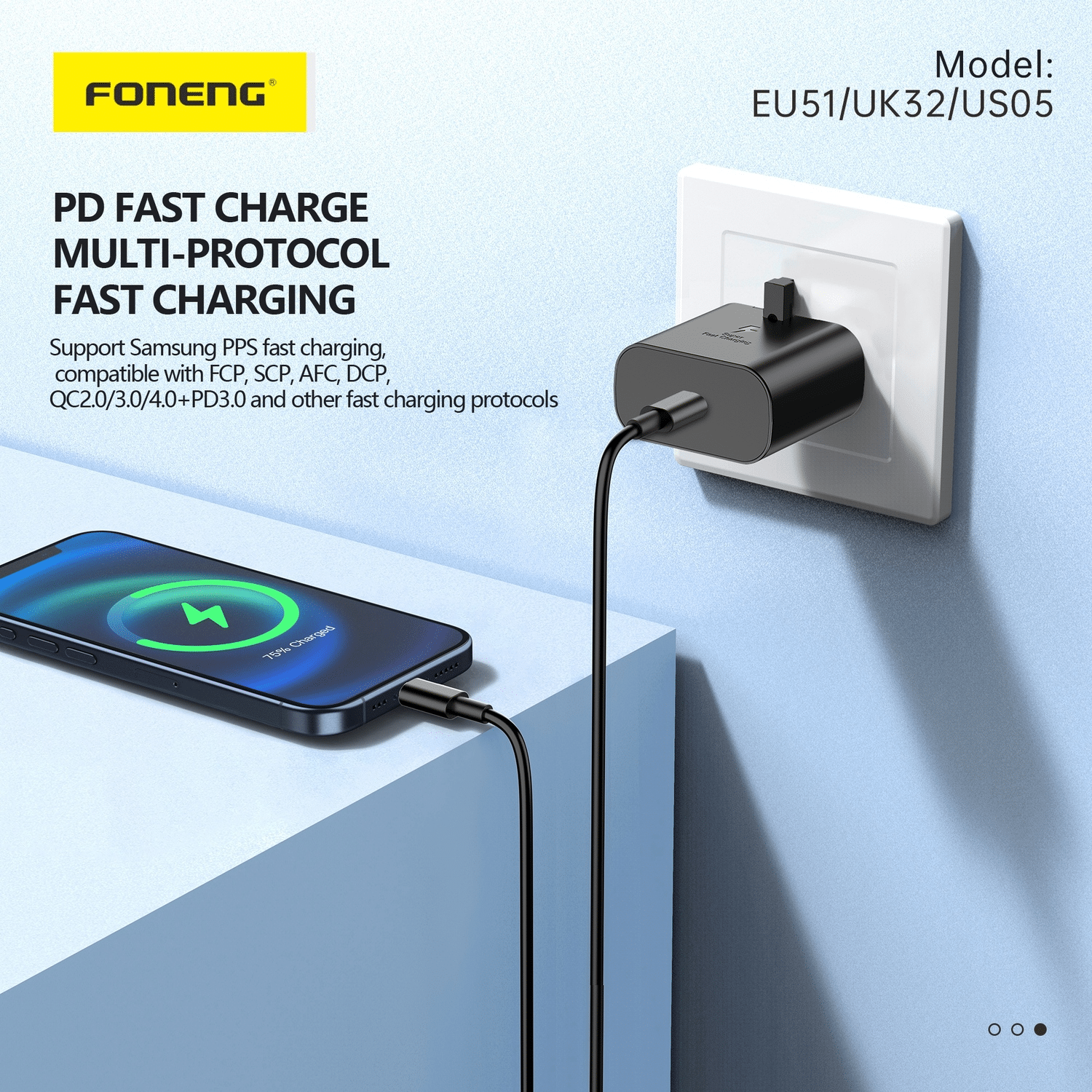 Brzi punjač za mobitele Type-C sa GaN tehnologijom - Foneng EU51 - PD 25W - crni