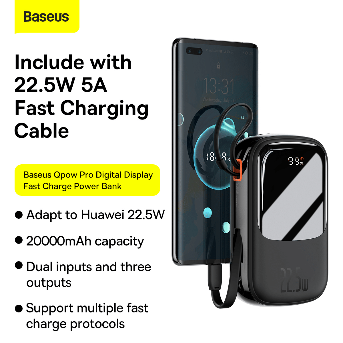 Baseus Power Bank 20000mAh Qpow Pro - USB + Type C - PD 22,5W s Type C kabelom (PPQD060301) crni