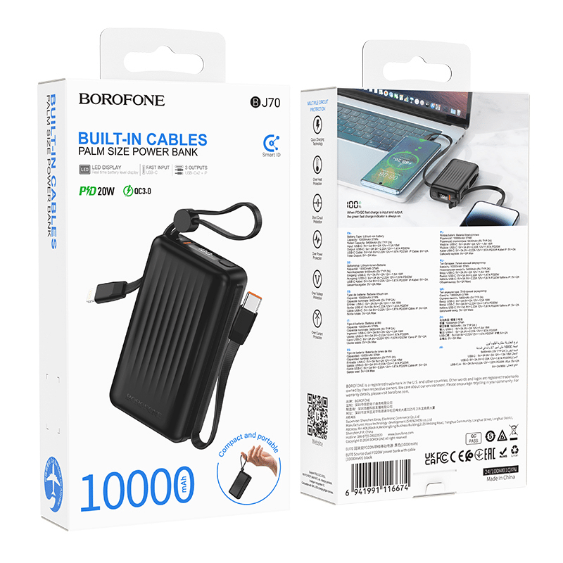Borofone Power Bank 10000mAh BJ70 Source - Tip C - PD 20W s Tip C i Lightning kabelima crne boje