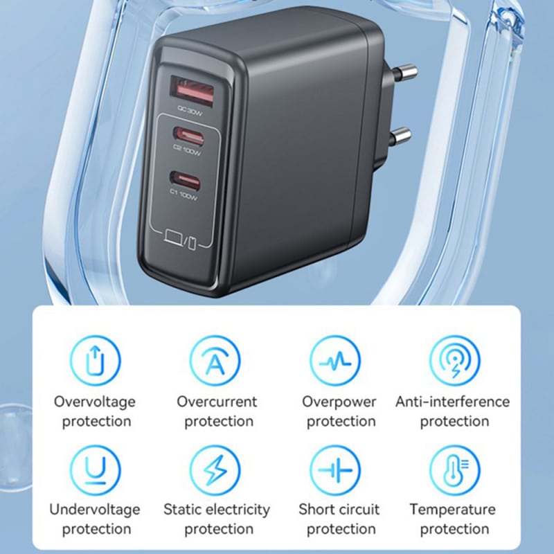 Zidni punjač Yesido YC142 100W 5A 1 x USB-A - 2 x USB-C crni